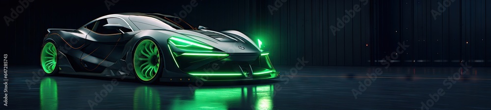 Futuristic Green Neon Car Scene - Auto Design in Luminescent Shades - Background with Empty Copy Space for Text - Fictional Conceptional Car Wallpaper Green Neon created with Generative AI Technology