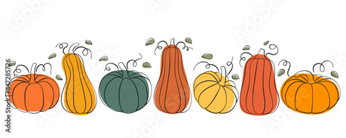 Pumpkin design for Thanksgiving or Halloween. Composition of pumpkins in line art style. Outlined pumpkin, pumpkin doodles.