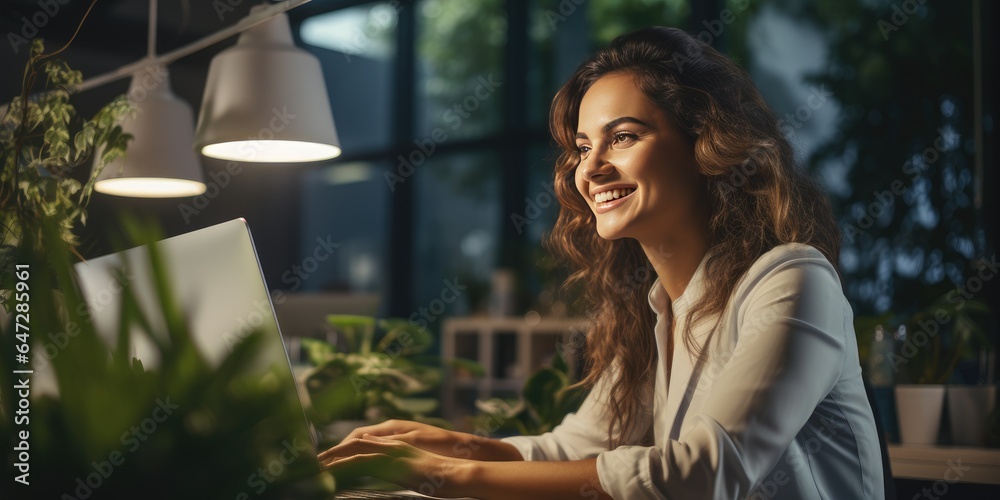 Fototapeta premium Happy and cute woman working on a laptop while sitting in cafe. Generative AI