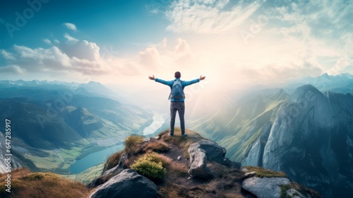 person on the top of the mountain with his arms reaching up to the sky in recognition, © XC Stock