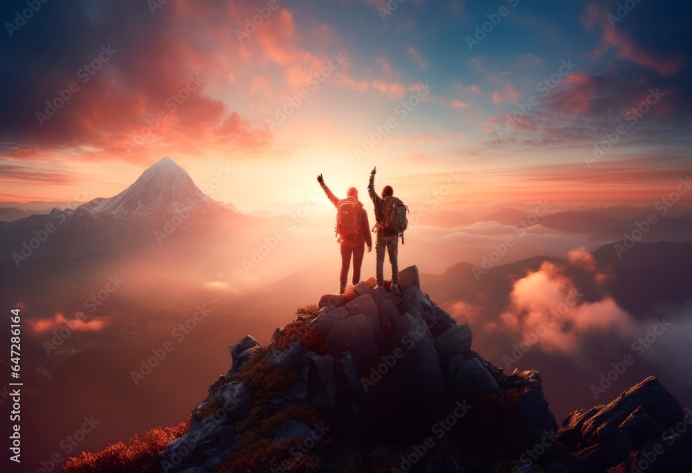 two person on the top of the mountain with his arms reaching up to the sky in recognition,