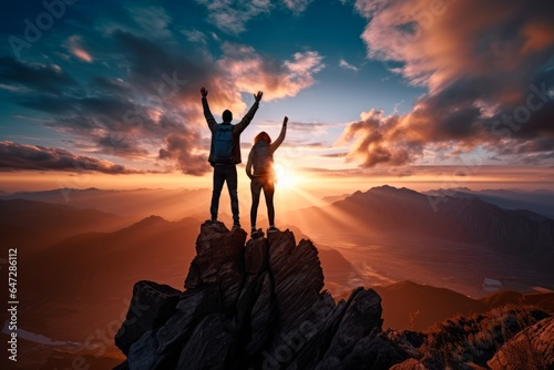 two person on the top of the mountain with his arms reaching up to the sky in recognition,
