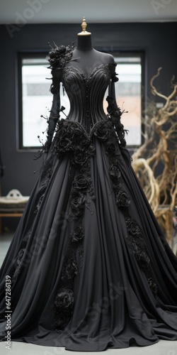 Luxurious black dress on a mannequin near the window. Handmade. Generative AI