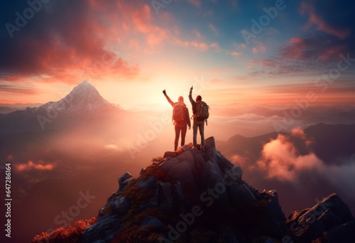 two person on the top of the mountain with his arms reaching up to the sky in recognition 