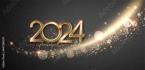2024 New Year and Merry Christmas shiny gold wave design, radiating elegance and celebration