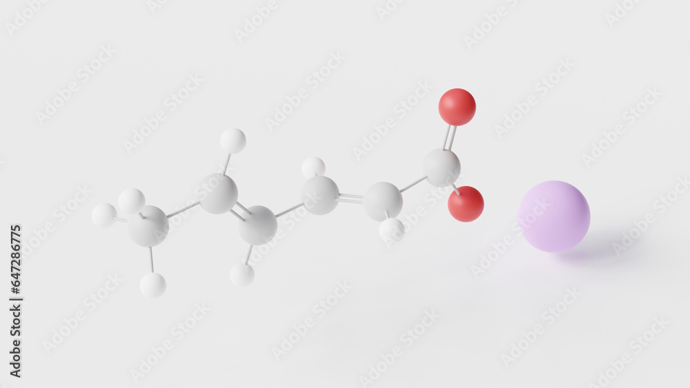 sodium sorbate molecule 3d, molecular structure, ball and stick model, structural chemical formula food preservative e201 sodium sorbate molecule 3d, molecular structure, ball and stick model, structural chemical formula food preservative e201