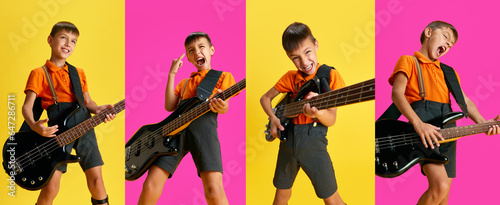 Collage made with little boy, child emotionally playing guitar over multicolor background. Concept of childhood, music, hobby, festival, concert, , art, performance