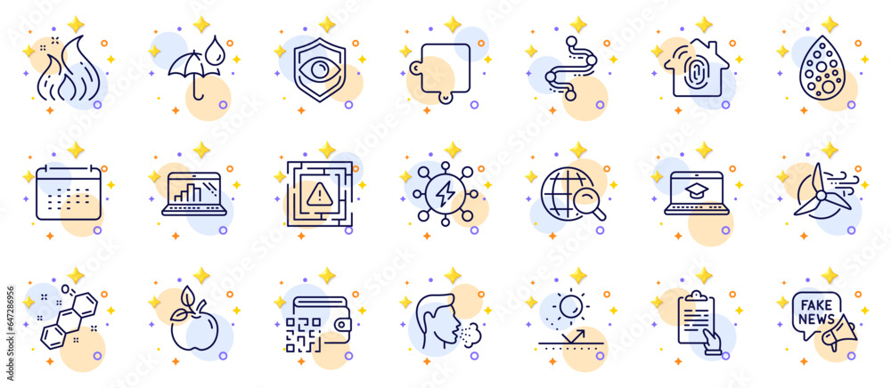 Fototapeta premium Outline set of Timeline, Waterproof umbrella and Website education line icons for web app. Include Fake news, Eye detect, Fingerprint access pictogram icons. Maze attention, Fire energy. Vector