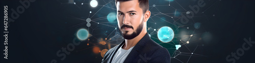 Serious professional beard man on digital and technology abstract background with linked points and data charts. Portrait, banner. Profile banner