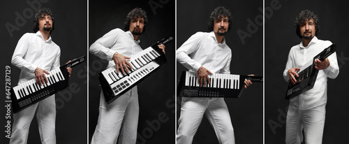 Collage. Stylish bearded man in white suit playing synthesizer, wireless keytar against black studio background. Concept of music, talent, hobby, entertainment, festival, performance, ad photo