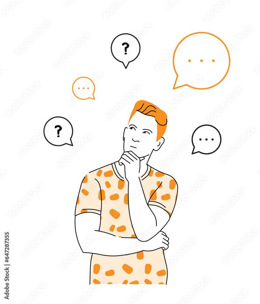 Pensive guy, Thinking man asking questions, feeling confused looking up with thoughtful focused expression, guess and doubt concept vector illustration