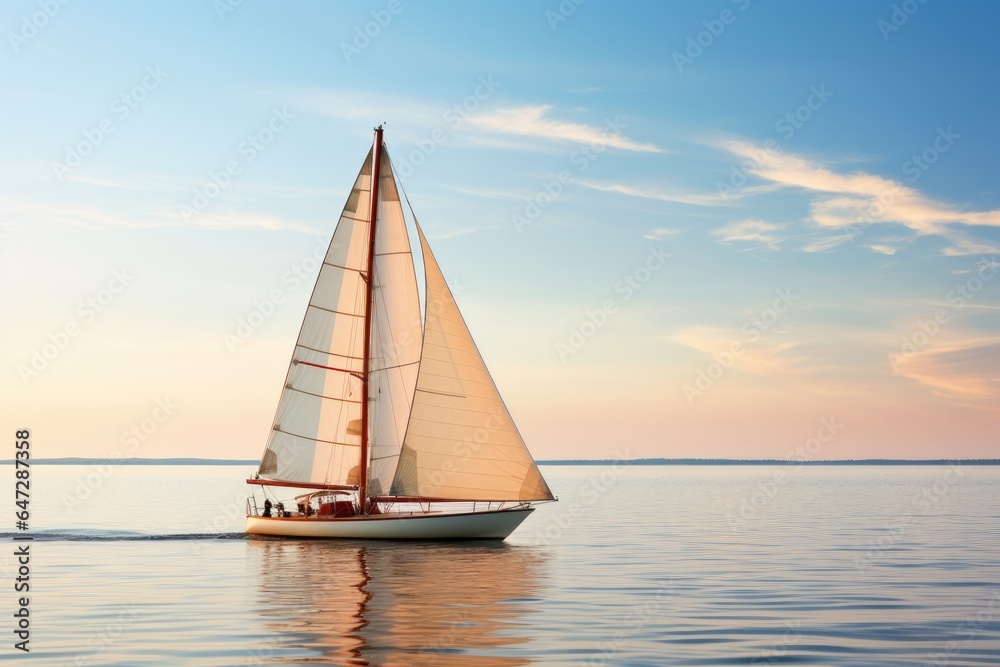 Sailing sailboat at sunset.