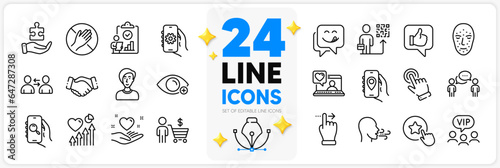 Icons set of Dont touch, Cursor and App settings line icons pack for app with Handshake, Buyer, Yummy smile thin outline icon. Vip clients, Touchscreen gesture, Breathing exercise pictogram. Vector