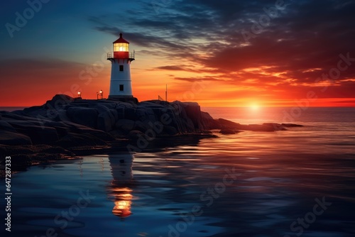 Burning lighthouse on the island at sunset.