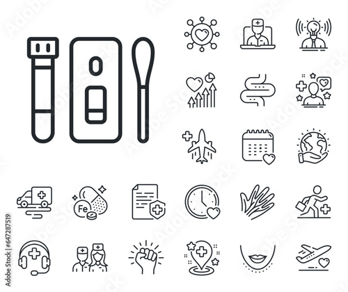 Coronavirus testing sign. Online doctor, patient and medicine outline icons. Nasal swab test line icon. Covid test tube symbol. Covid test line sign. Veins, nerves and cosmetic procedure icon. Vector
