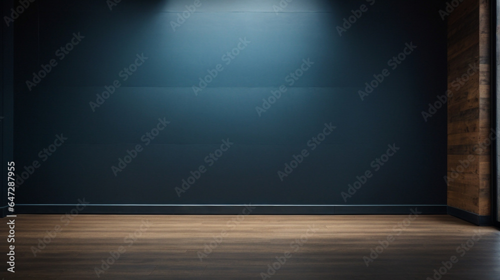 Dark toned empty wall and wooden floor with interesting glow from the window. Interior background, space for text, or furniture display