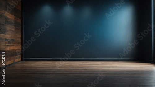 Dark toned empty wall and wooden floor with interesting glow from the window. Interior background, space for text, or furniture display © anandart
