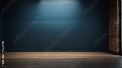 Dark toned empty wall and wooden floor with interesting glow from the window. Interior background, space for text, or furniture display