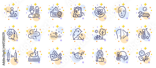 Outline set of Social distance, Mattress and Prescription drugs line icons for web app. Include Cream, Medical mask, Lounger pictogram icons. Intestine, Thermometer, Stress signs. Vector