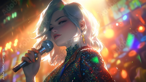 cute blond woman singer holding microphone in golden club lighting, in stylized 70s illustration