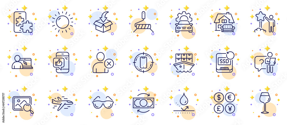 Outline set of Furniture moving, Search photo and Moving service line icons for web app. Include Sunny weather, Mobile like, Bordeaux glass pictogram icons. Smartphone target. Vector Outline set of Furniture moving, Search photo and Moving service line icons for web app. Include Sunny weather, Mobile like, Bordeaux glass pictogram icons. Smartphone target. Vector
