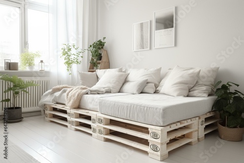 White DIY pallet couch in a Scandinavian-style living room with a sofa. Simple interior design. Generative AI