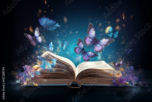 Book with butterflies in flight, ideal for fantasy settings. Generative AI
