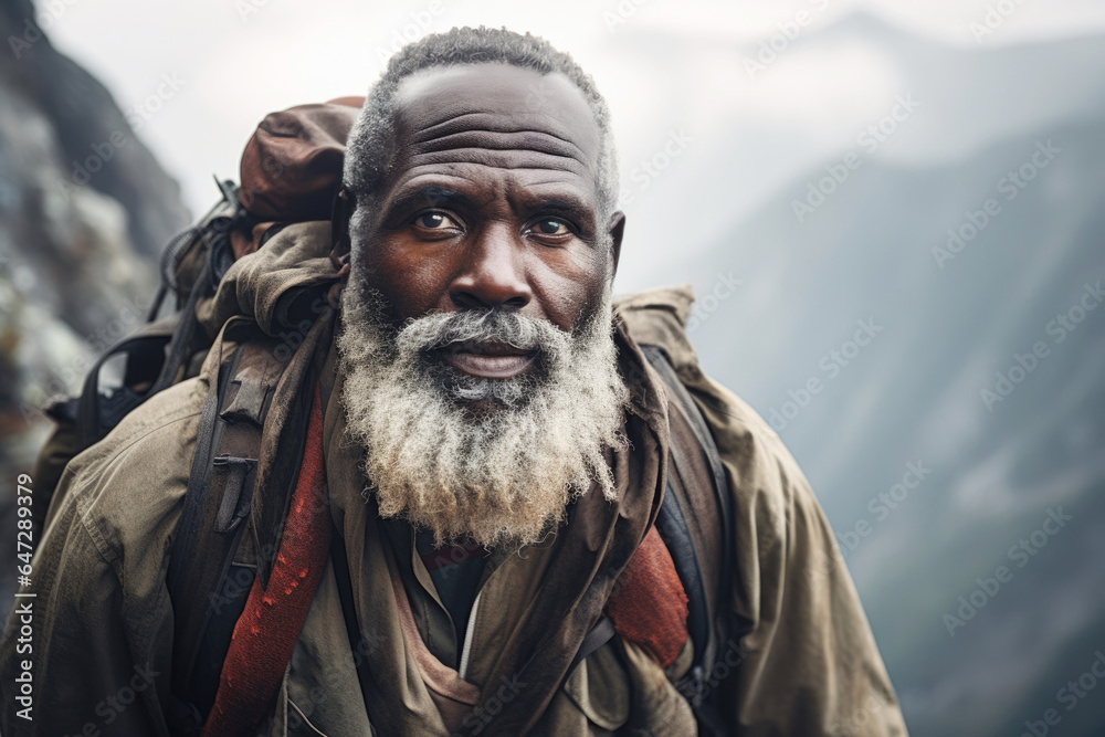 Afro american black elderly white hair man mountaineer climber as they navigate a narrow ridge high in the mountains