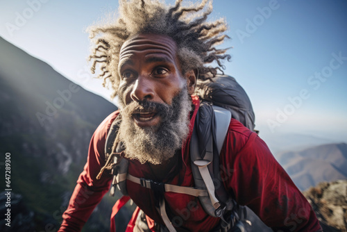 Afro american elderly man mountaineer as they navigate a narrow ridge high in the mountains