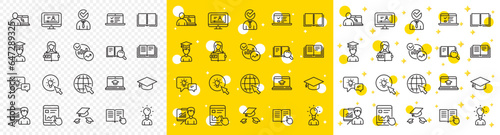 Laptop, Book and Video Tutorial icons. Education line icons. Graduation cap, Instructions and Presentation. College education or Lectures book, Charts and Idea. Laptop, video tutorial. Vector