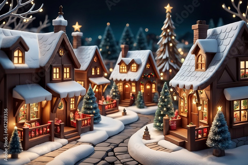 A snow-covered village with twinkling lights and a giant Christmas tree © Saly