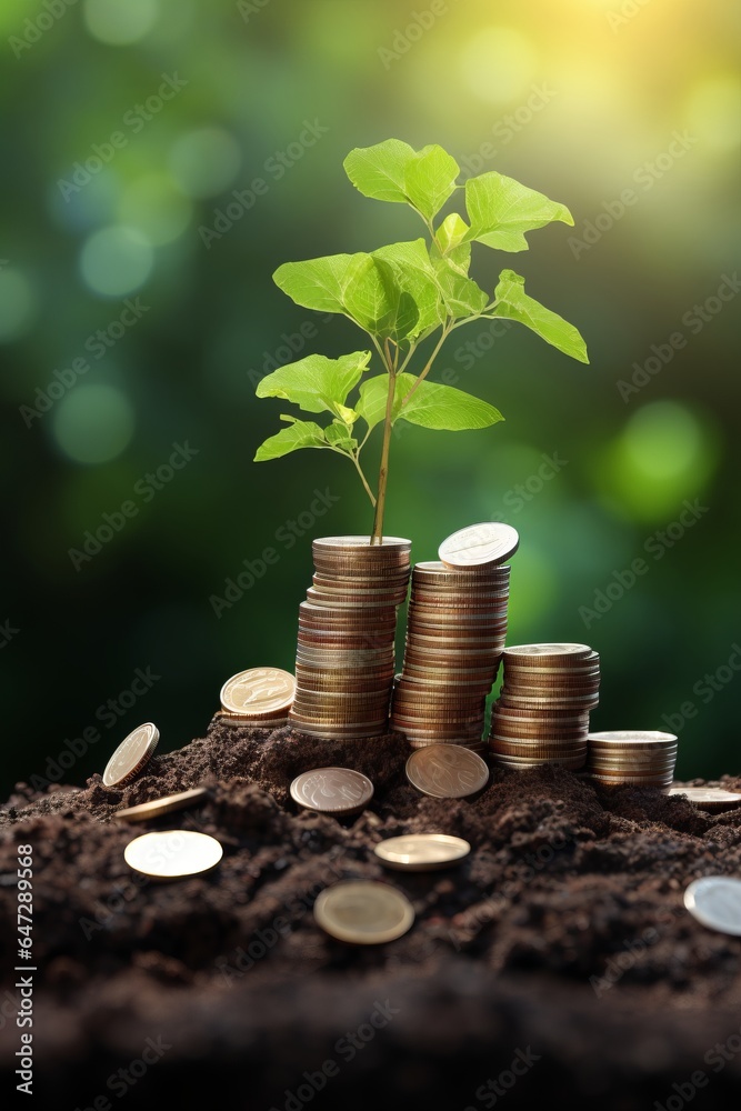 Photo of a plant sprouting from a pile of coins, symbolising growth and ...