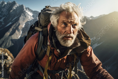 Elderly grey hair man mountaineer climber portrait as they navigate a narrow ridge high in the mountains