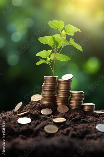 Photo of a plant sprouting from a pile of coins, symbolising growth and prosperity. Renewable energy generation is essential for the future. Saving money for the future. Investment Ideas and green bus