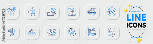 Thermometer, Face accepted and Weather thermometer line icons for web app. Pack of Social distance, Medical flight, No smoking pictogram icons. Skin care, Bio tags, Ambulance transport signs. Vector