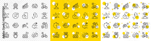 Outline Bike, Best friend and Leadership line icons pack for web with Dumbbell, Arena, Mountain bike line icon. Timer, Bicycle parking, Fishing rod pictogram icon. Training results. Vector