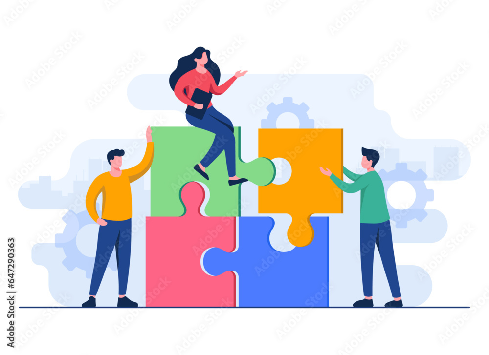 People connect and match puzzle parts together flat illustration, Teamwork, Partnership, Cooperation, Achievement, Solution, Problem-solving, New ideas People connect and match puzzle parts together flat illustration, Teamwork, Partnership, Cooperation, Achievement, Solution, Problem-solving, New ideas