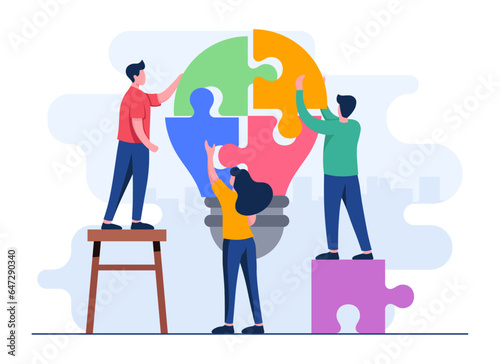 Finding new ideas, Business people join jigsaw puzzle pieces flat illustration vector template, Teamwork, Partnership, Cooperation, Achievement, Solution, Problem-solving,