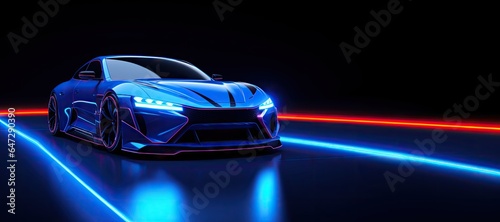 Futuristic Blue Neon Car Scene - Auto Design in Luminescent Shades - Background with Empty Copy Space for Text  - Fictional Conceptional Car Wallpaper Blue Neon created with Generative AI Technology © Vehicles Generative