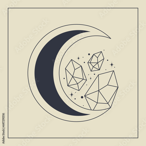 Line art healing crystal concept with moon esoteric elements.