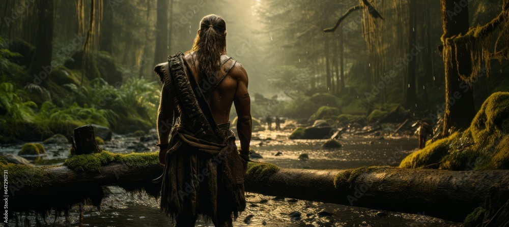 Tribal warrior at nature background. Generative AI technology. Tribal warrior at nature background. Generative AI technology.