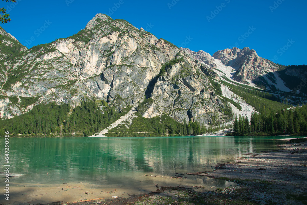 View of Lago Di Braies in the Italian mountains, Pragser Wildsee in South Tyrol Italian Alps Dolomites