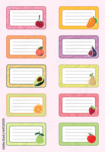 Colorful Vector Design Notebook Labels Icons Depicting Fruits ready to print