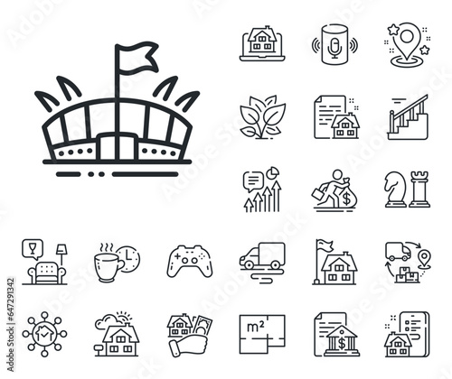 Arena with flag sign. Floor plan, stairs and lounge room outline icons. Sports stadium line icon. Sport complex symbol. Arena line sign. House mortgage, sell building icon. Real estate. Vector