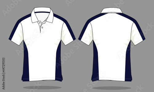 Two tone short sleeve polo shirt with white-navy blue design on gray background.Front and back view, vector file