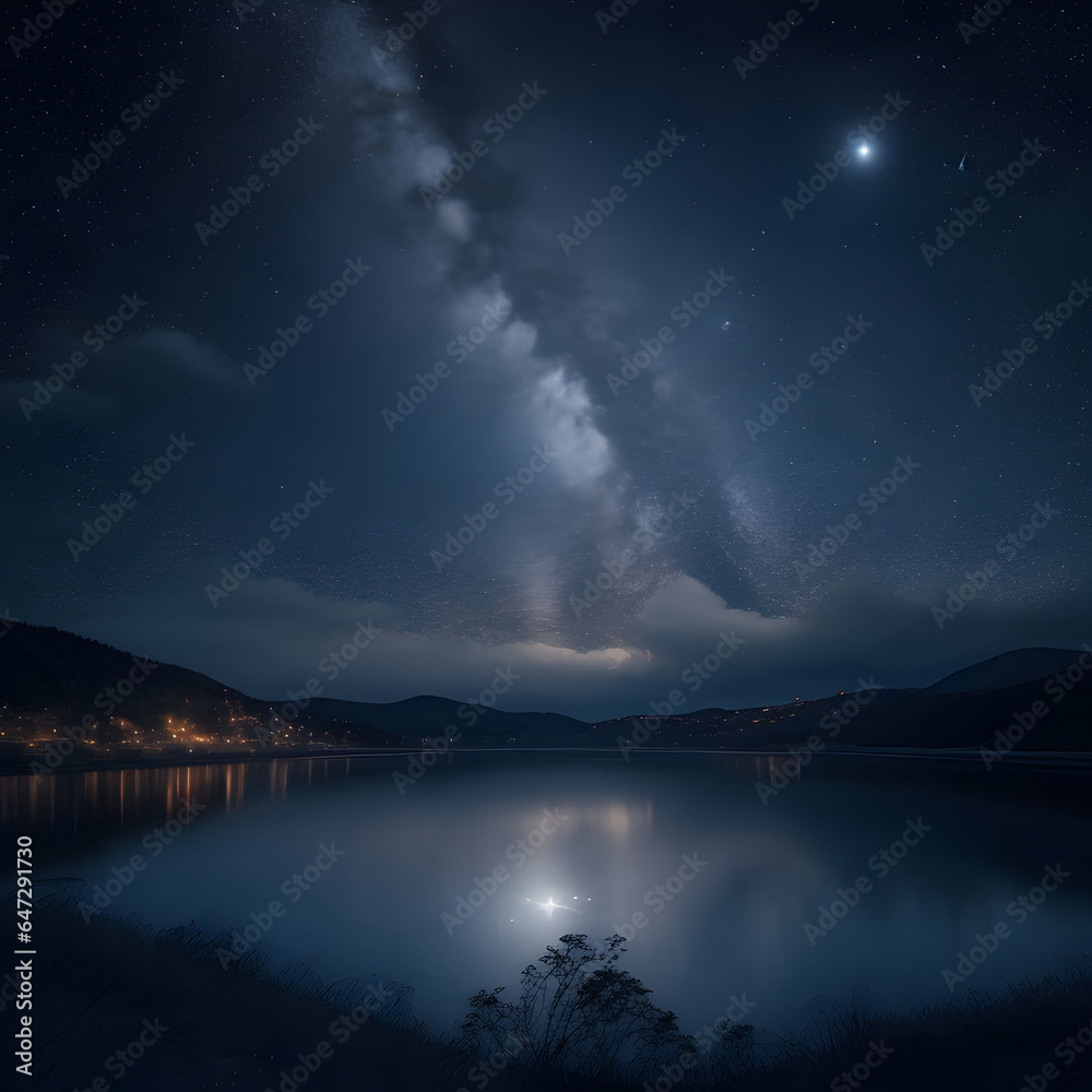Tranquil Reflections: Celestial Bodies Illuminate Night Sky over Mountain Lake Tranquil Reflections: Celestial Bodies Illuminate Night Sky over Mountain Lake