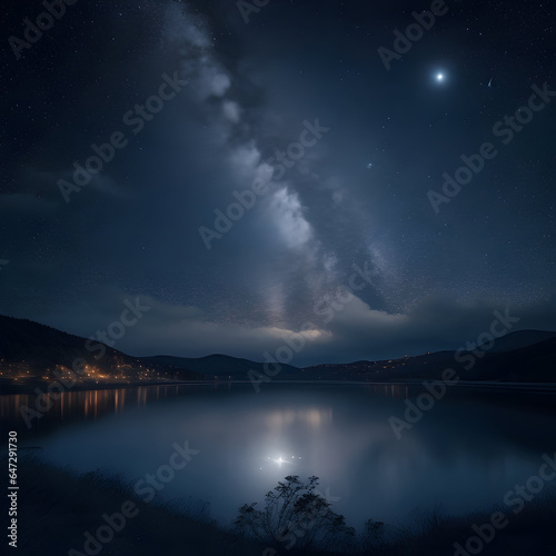 Tranquil Reflections: Celestial Bodies Illuminate Night Sky over Mountain Lake
