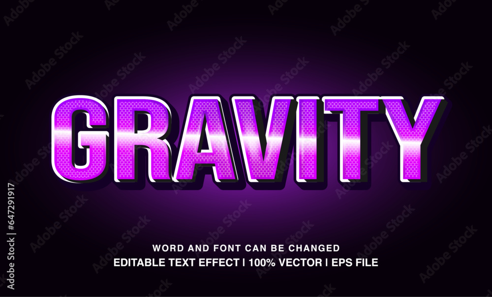 Gravity editable text effect template, 3d cartoon purple neon light futuristic typeface, premium vector