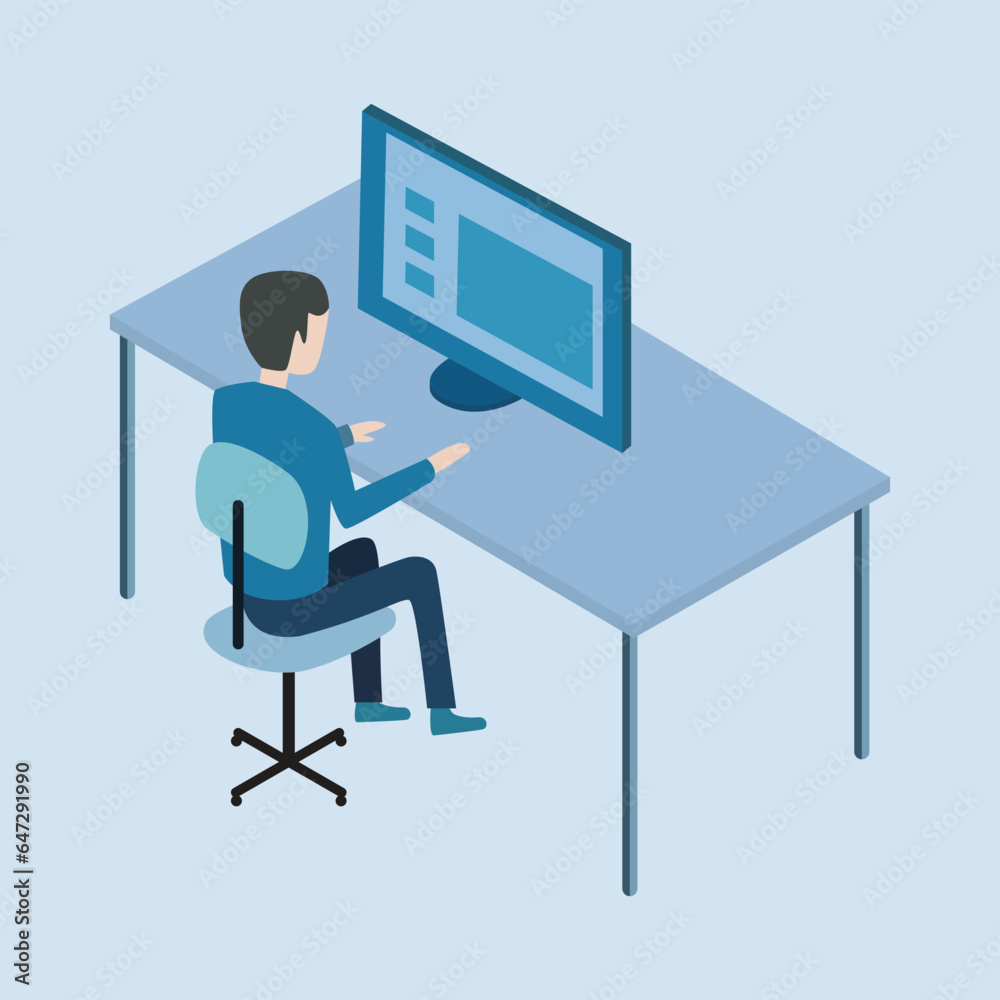 Office worker vector illustration. Blue background.
