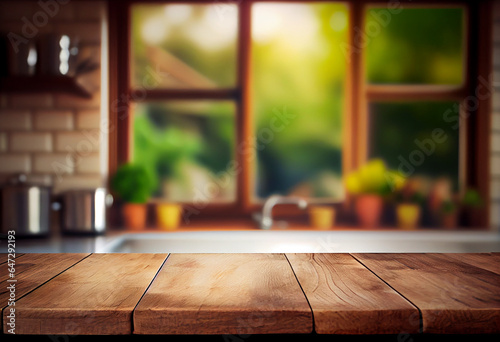 Wooden texture table top on blurred kitchen window background. Generative AI